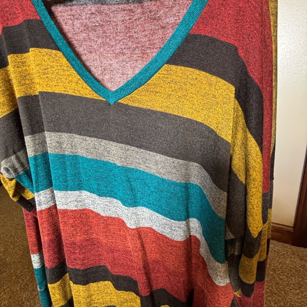 Stitches Multicolor Striped V-Neck Tunic Sweater - Teal, Rust, Mustard